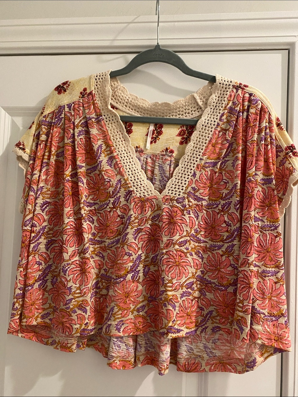 Free People Cream Top with Coral and Purple Floral Print